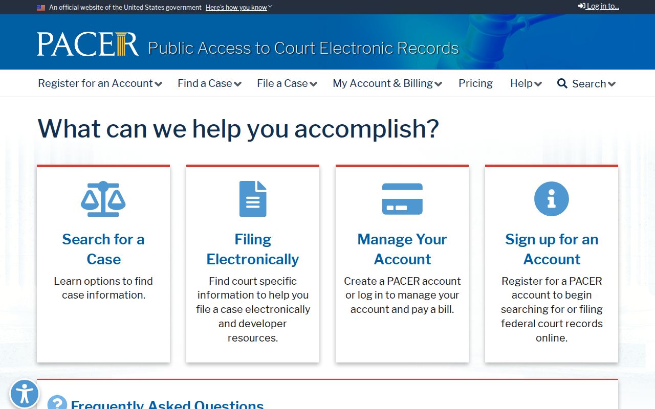 PACER federal court records access page serving Albion searches