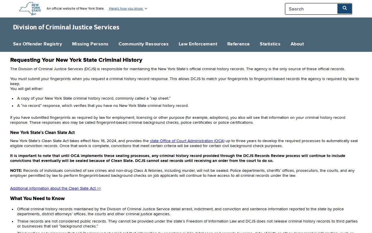 DCJS Personal Record Review instructions for a subject's New York arrest record