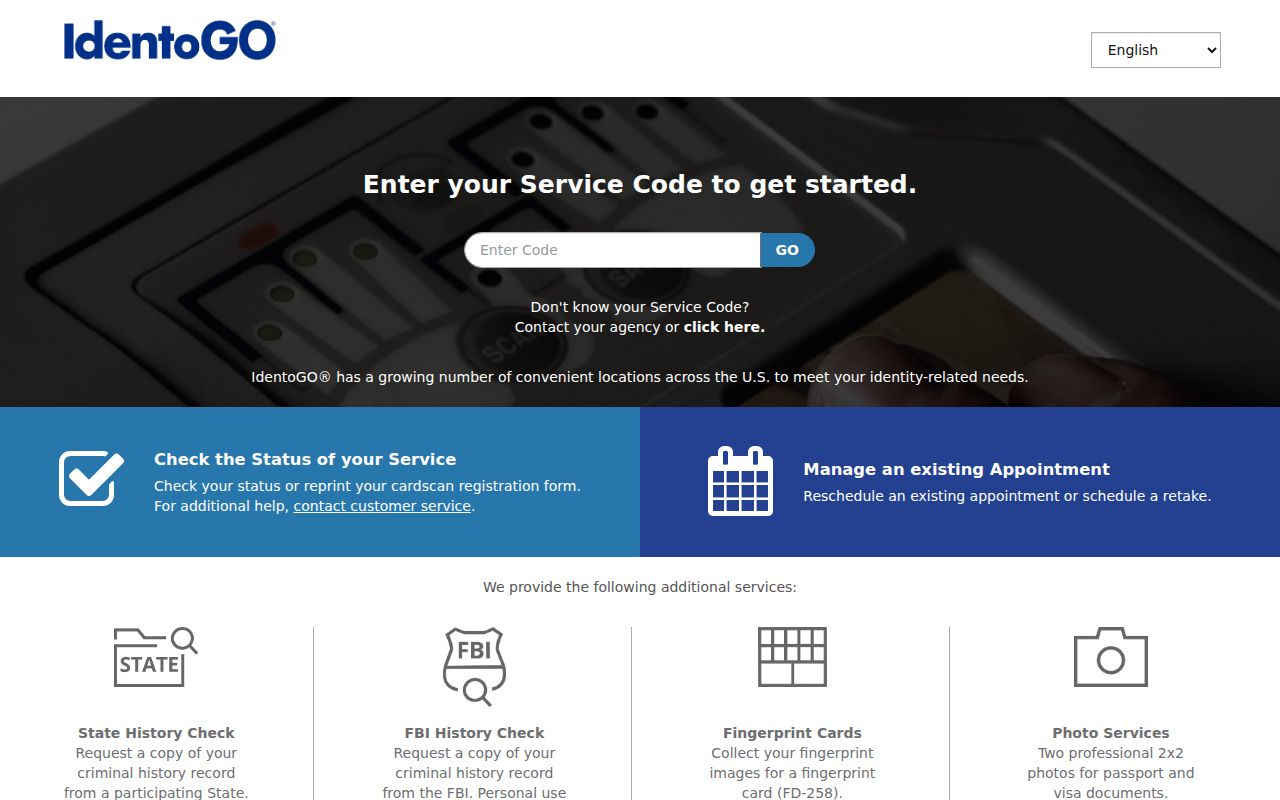 IdentoGO scheduling screen used for a DCJS personal arrest record review