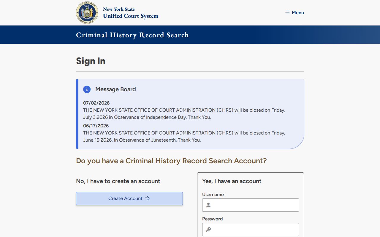 Orleans County criminal case records CHRS Direct Access screen