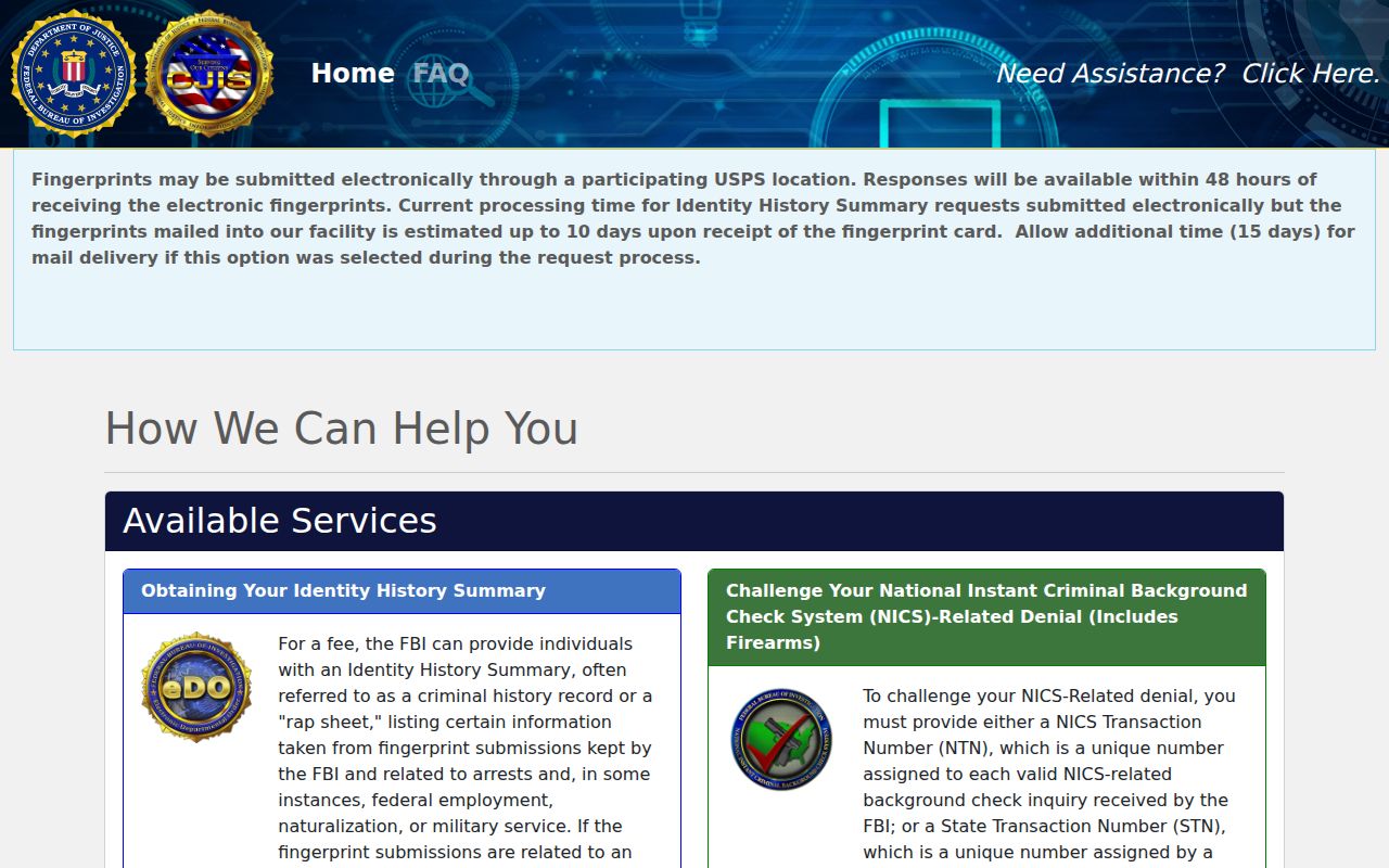 FBI Identity History Summary request system for personal record review