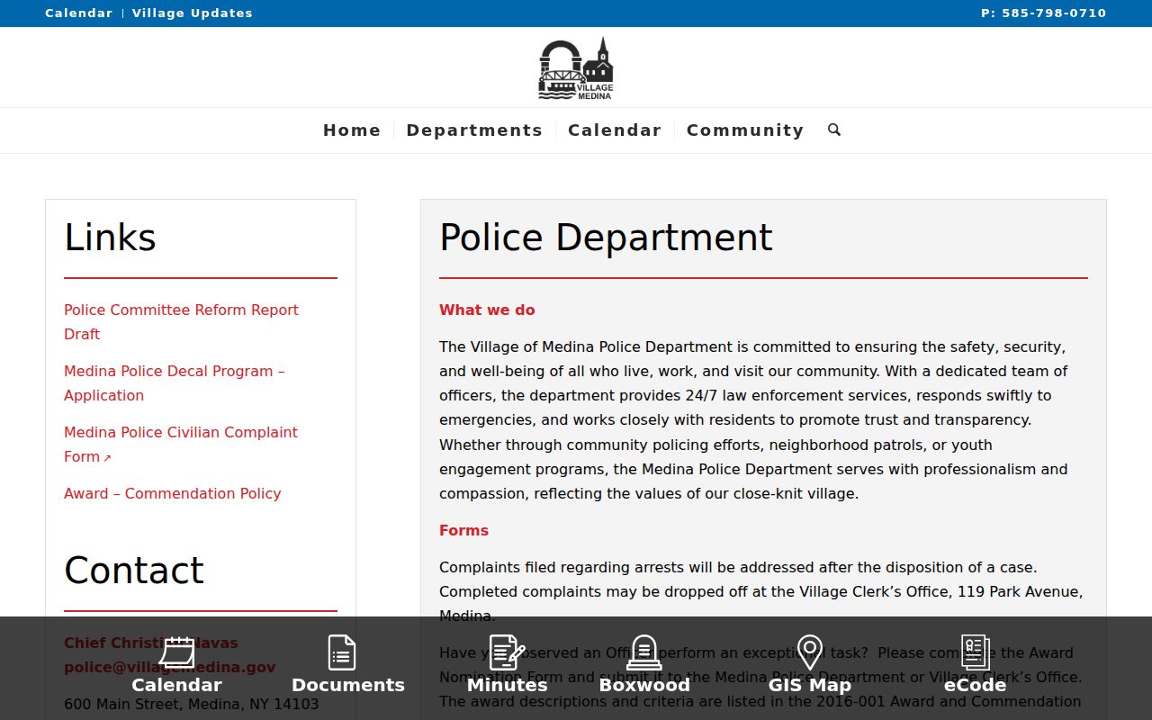 Official Medina Police Department page for village police records